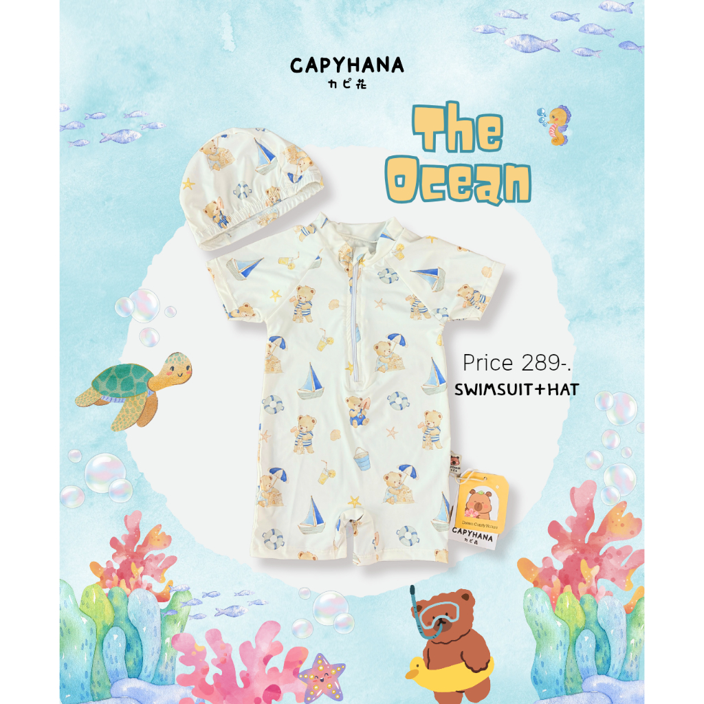 CAPYHANA ชุดว่ายน้ำเด็กทารก Summer ชุดเที่ยวทะเล ชุดว่ายน้ำเด็กลายหมีขาว พร้อมหมวก (ชุดว่ายน้ำหมีขาว)