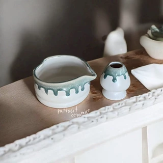 ถ้วยชงมัทฉะรูปหัวใจ ถ้วยChawan เซรามิค + แท่นวางแปรง