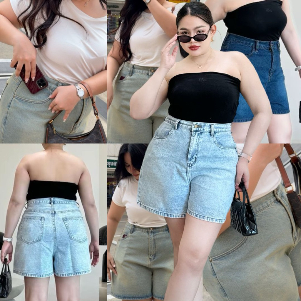 Moonjeans กางเกงยีนส์ขาสั้นเอวสูงสาวอวบ เป้าสูงมาก (Mindy short jeans) Moonstonechubbyhouse [ Code: 777 ]
