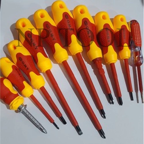 NP-313 ชุดไขควง ไขควงวัดไฟ ไขควงกันไฟ ไขควงลองไฟ 10ชิ้น เหล็กCR-V (สีส้มแดง)
