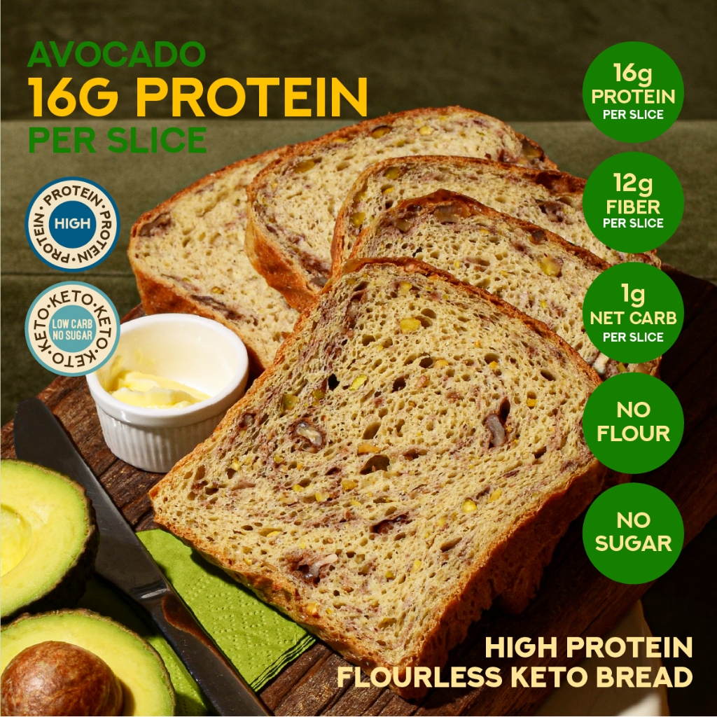 ขนมปัง ไร้แป้ง ไร้น้ำตาล โปรตีนสูง 16 กรัมต่อแผ่น รสอะโวคาโด (HIGH-PROTEIN AVOCADO Superfoods Flourless Bread)
