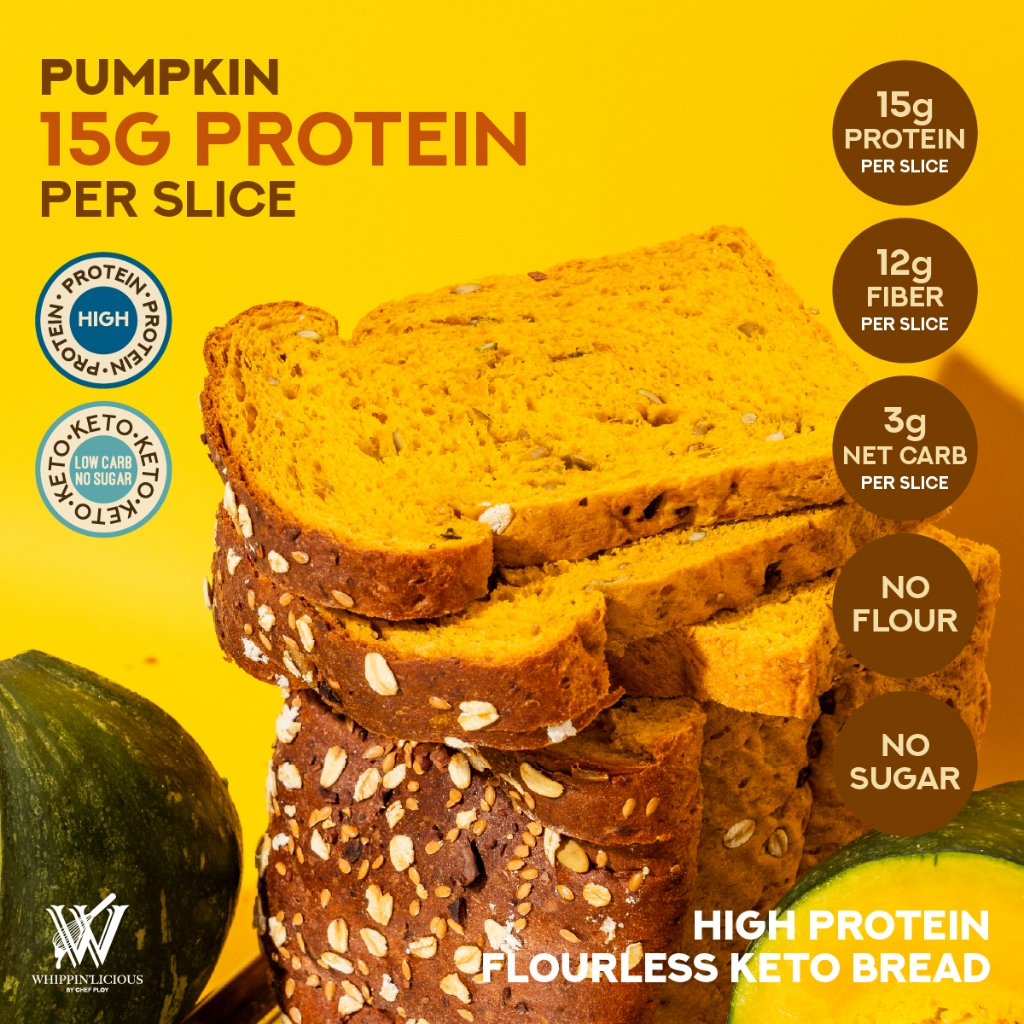 ขนมปังคีโต ไร้แป้ง ไร้น้ำตาล โปรตีนสูง 15 กรัมต่อแผ่น รสฟักทอง (HIGH-PROTEIN PUMPKIN Superfoods Flourless Bread)