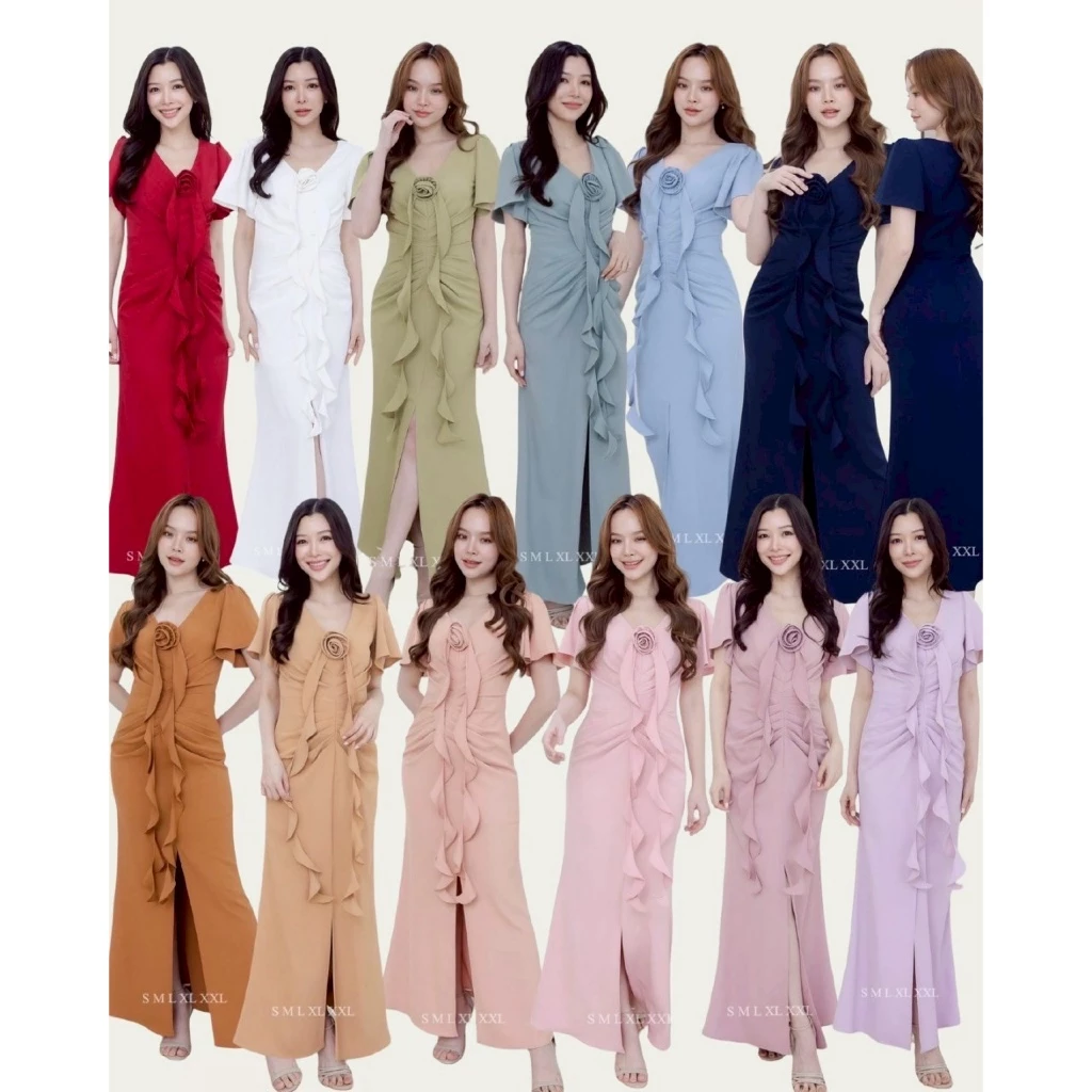 ชุดออกงาน ชุดเพื่อนเจ้าสาว koolykool(พร้อมส่ง S-4XL) คอวีแขนสั้นจีบๆกระโปรงยาวผ้าทวิล แถมดอกไม้สายเกลียวห้อย CD00