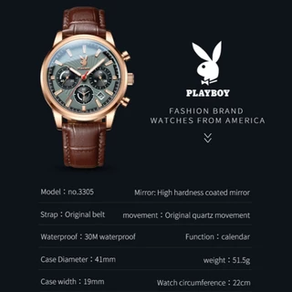 PLAYBOY นาฬิกา ผู้ชาย 100% แท้ นาฬิกาข้อมือกันน้ำได้ ควอตซ์ หนัง เรียบง่าย แฟชั่น 3305