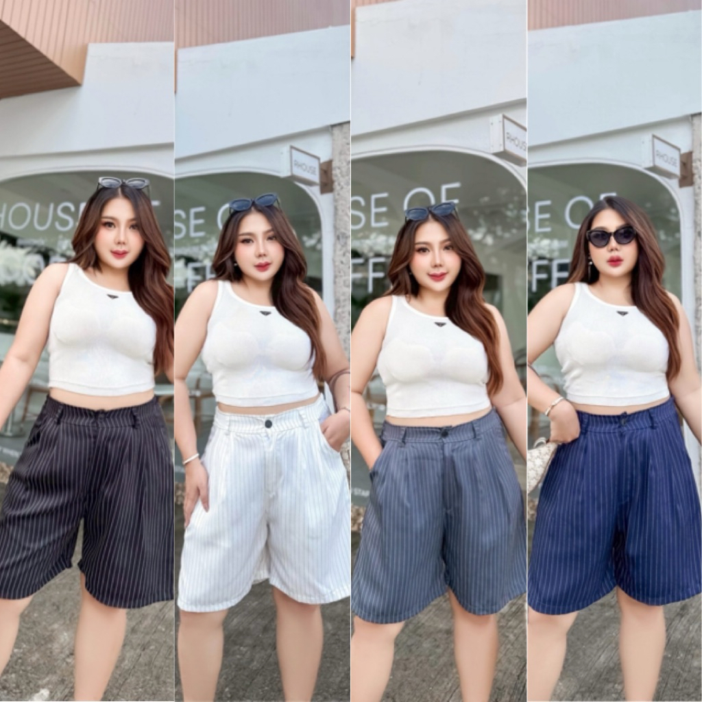 กางเกงขาสั้น 4 ส่วน ลายริ้ว มีซิปหน้า กระดุมแกะได้ มีกระเป๋า2ข้างYY