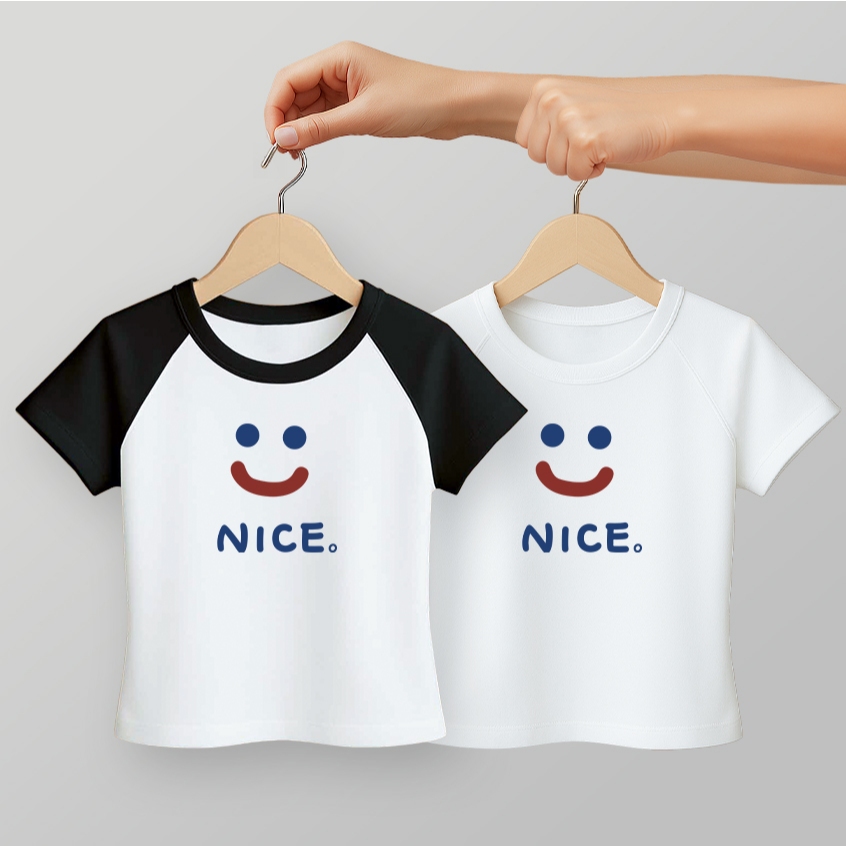 เสื้อครอป สกรีนลายยิ้มน่ารักๆ ครอปสั้น รัดรูปbaby tee สาวอวบ เอวลอย เสื้อแฟชั่นสีทูโทนสวยๆ เสื้อยิ้ม