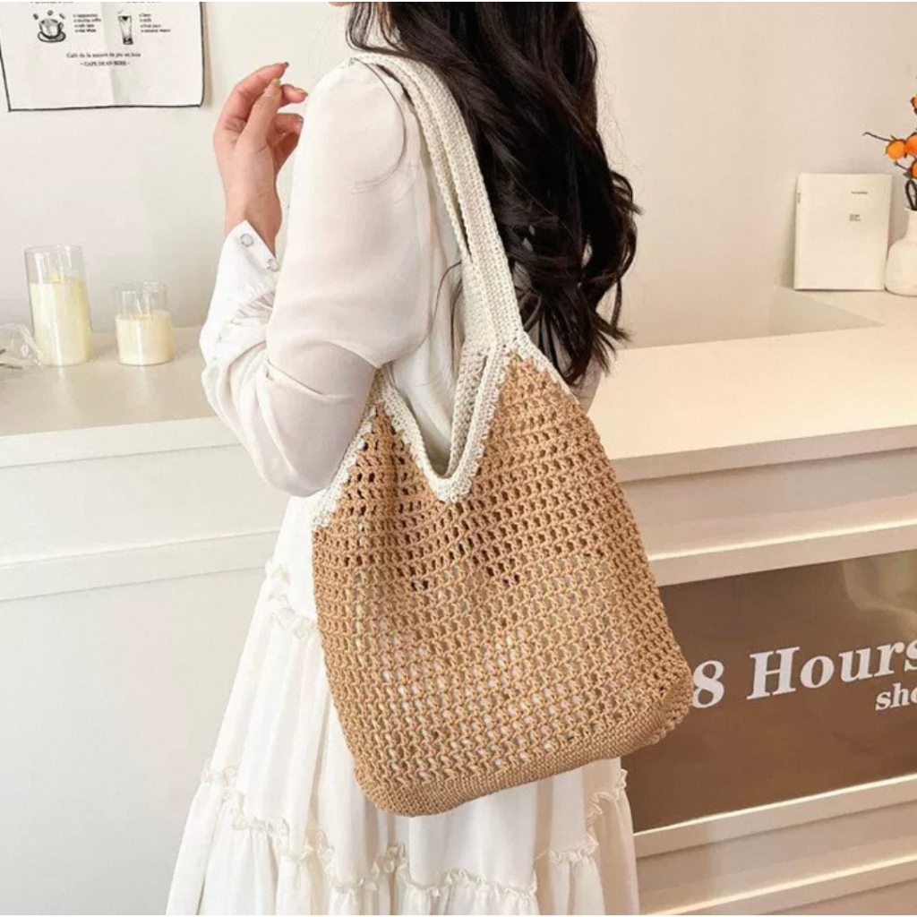 B330）Lazy style fashionable woven yarn large capacity single shoulder tote bag commuting vacation handbag for women