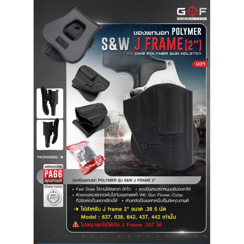 ซองพกนอก Polymer รุ่น S&W J Frame 2" ( .38 Model 637,638,642,437,442 )