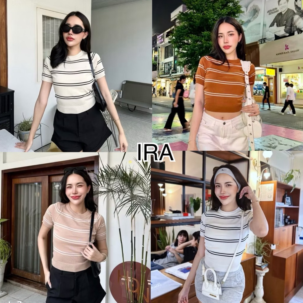 BY IRA (2997) Sandy Knit Crop Top เสื้อยืดไหมพรม (งานจริง) คอกลม ลายทาง เอวเป็นสมอค งานดีย์ เรียบๆแต่เริสส