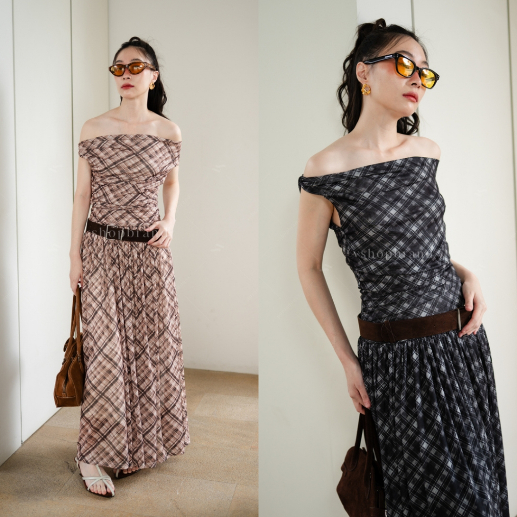 พร้อมส่ง Maxi เดรสแขนกุดลายสก๊อตกระโปรงทรงบาน + เข็มขัด งานป้ายVshop