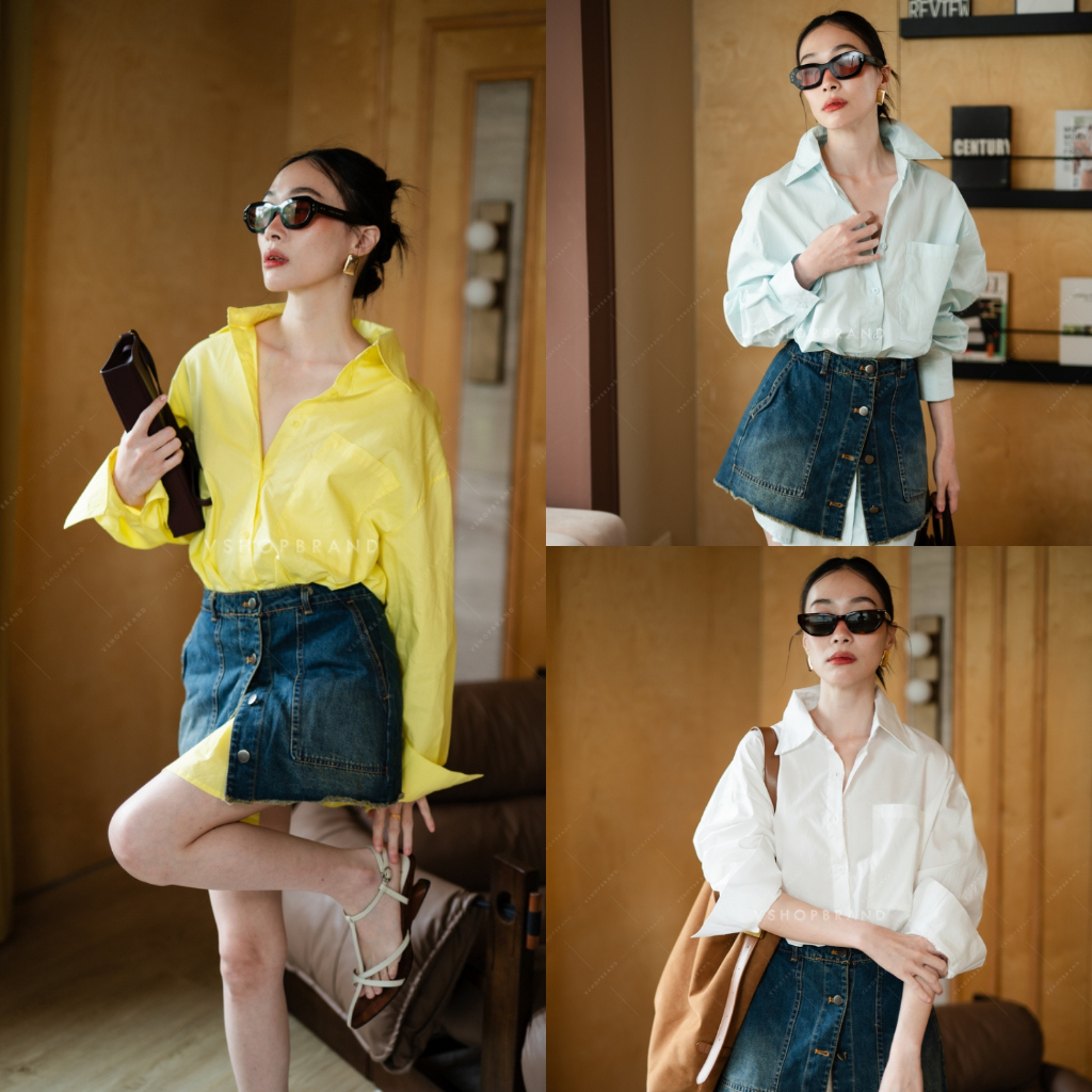 พร้อมส่ง Set เดรสเชิ้ตแขนยาวผ้าพื้น+กป.ยีนส์สั้น งานป้าย vshopbrand