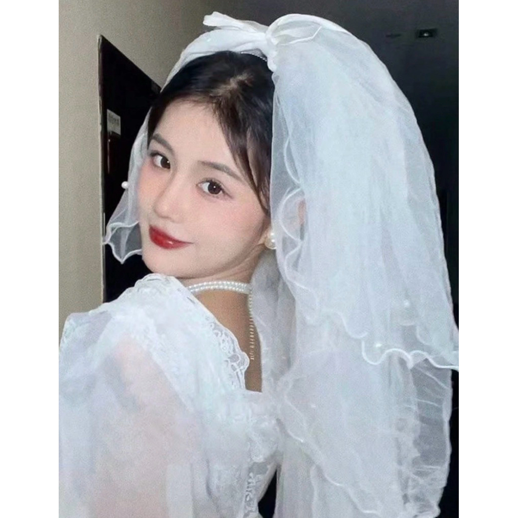 ผ้าคลุมผมเจ้าสาวมีโบว์ ติดชายผ้าด้วยมุก มีกิ๊บติดผมติดที่ผ้า พร้อมส่ง