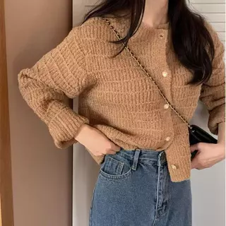 เกาหลีเกาหลีฤดูใบไม้ร่วงฤดูหนาวย้อนยุคสไตล์ชาแนลคอกลมเนื้อออกแบบถักหลวมแขนยาวสั้นถักเสื้อกันหนาวเข็มอนุกรมมีความสุขตรงกั