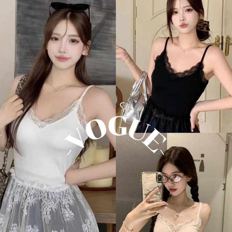 Vogue🌟พร้อมส่ง🌟 เสื้อสายเดี่ยว มีฟองน้ำ ดีเทลแต่งลูกไม้ ยืดตามตัว (FY1085)