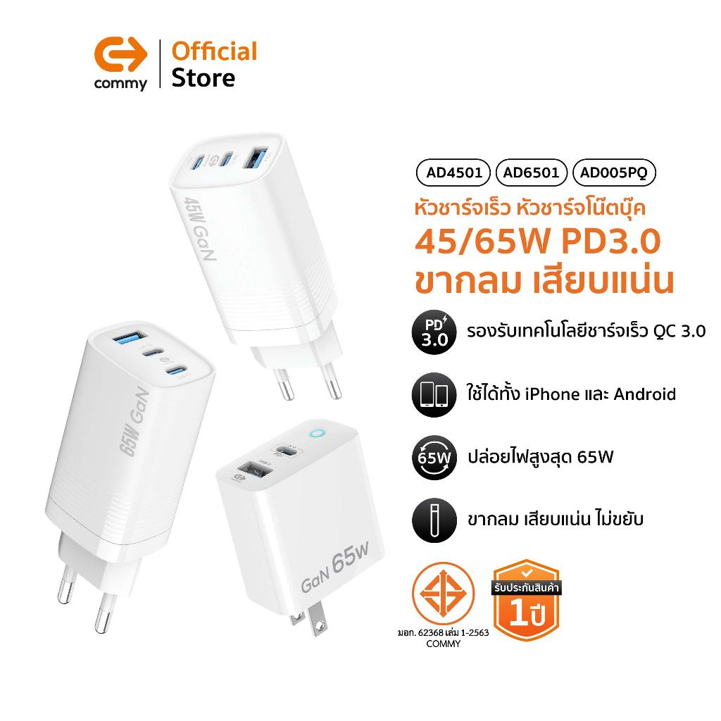Commy หัวชาร์จเร็ว หัวชาร์จโน๊ตบุ๊ค คอมพิวเตอร์/ iPad/ Samsung/Laptop 45W/65W PD3.0 3 ช่อง ชาร์จด่วน