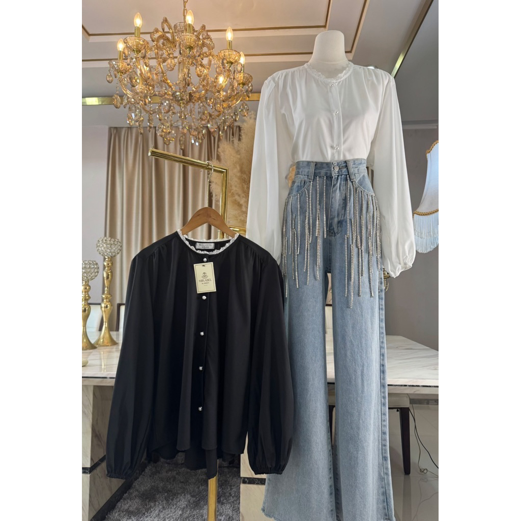 (อก 50“) เสื้อแขนยาว ”แต่งระบายลูกไม้ 🌼 แขนพอง **เนื้อผ้าไหม