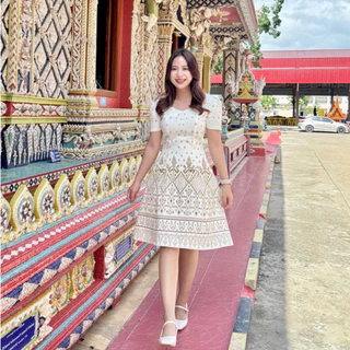 เดรสผ้าไทย ชุดงานบวช ผ้าฝ้ายอัดกาวอย่างดี by Raphee
