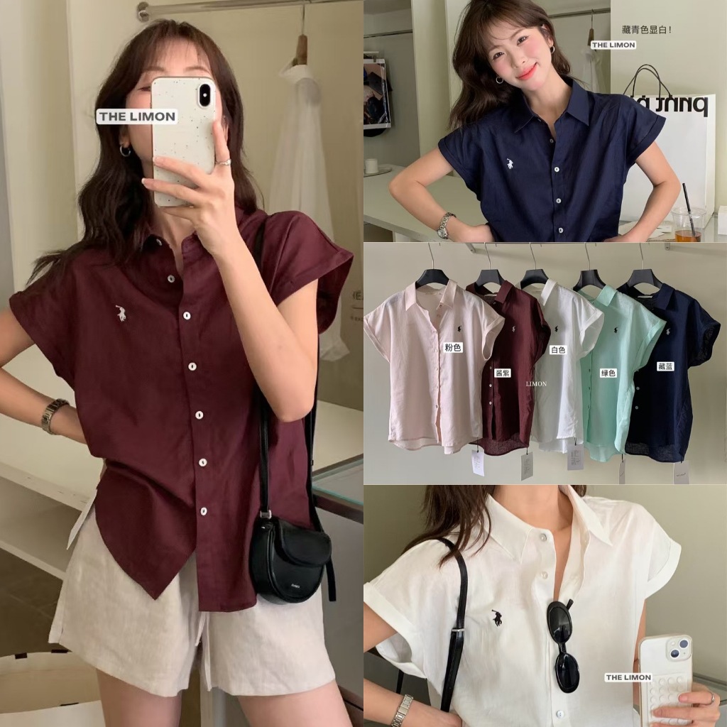 🧡🧵 🇰🇷 8787 เสื้อเชิ้ตแขนสั้น งานปักโลโก้ช่วงอก งานเรียบTAG LEMON 🧵🧡