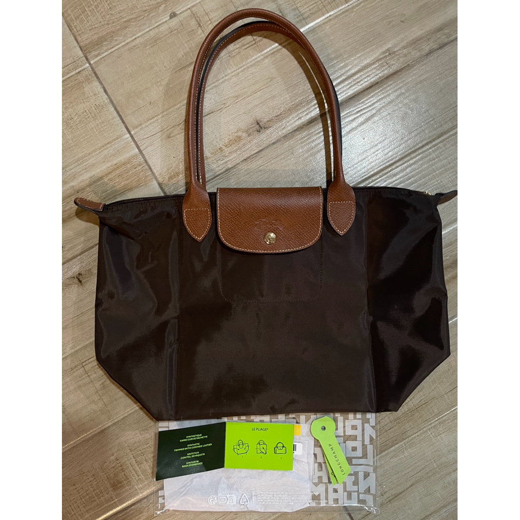 กระเป๋า long champ Le Pliage Original M Tote bag Ebony - Recycled canvas | Longchamp มือสองแท้