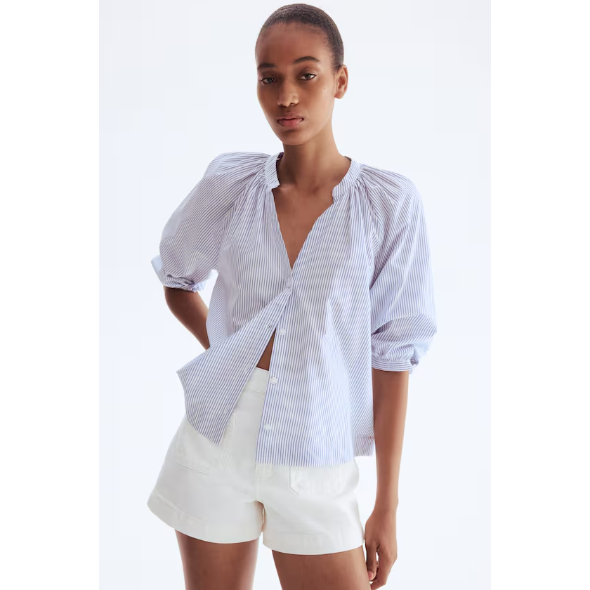 H&M(เอชแอนด์เอ็ม) เสื้อเบลาส์ผ้าฝ้ายแขนบอลลูน Women Balloon-sleeved cotton blouse 1322350_1