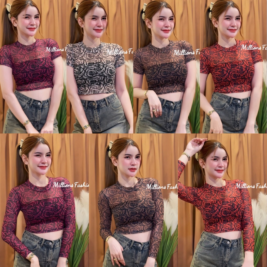 💰pangpang💰 เสื้อครอป แขนสั้น แขนยาว ผ้าซีทรูลายกุหลาบ รอบอก32-34“