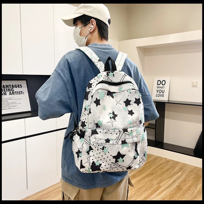 กระเป๋าเป้งานพรีเมี่ยม สีคมชัด ลายดาว กระเป๋าเป้สะพายหลัง เป้นักเรียนใส่หนังสื่อ สัมภาระ ผ้าไนลอน จุของได้เยอะ พร้อมส่ง - รูปที่ 5