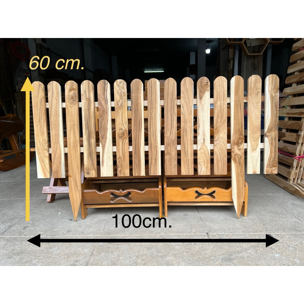รั้วไม้ตกแต่งสวนไม้สัก รั้วล้อมน้องหมาแมวขนาดยาว 100cm.สูง60cm.รวมขาปัก(ต้วซี่รั้วสูง40cm.)