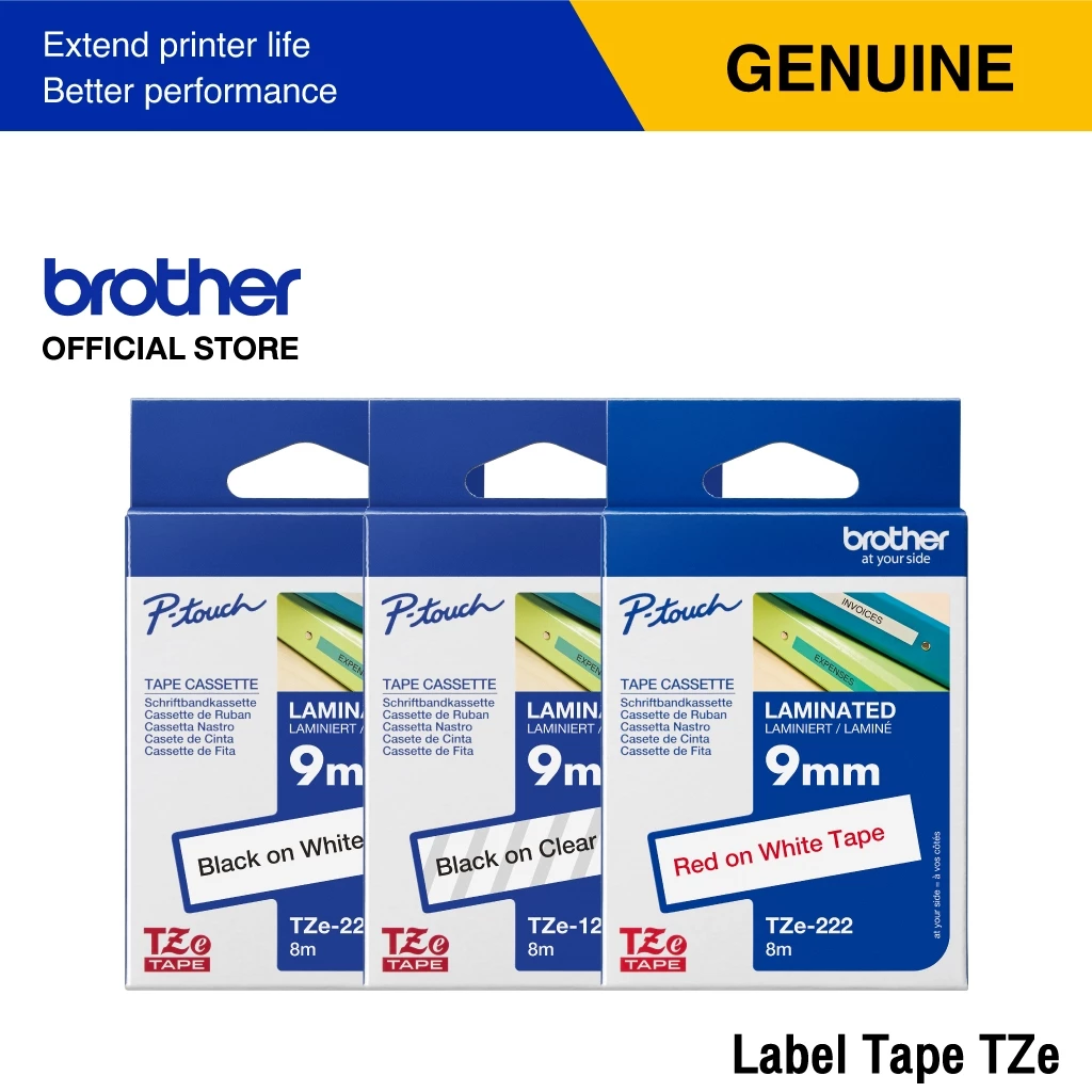 Brother Label Tape TZE เทปพิมพ์อักษร เคลือบพลาสติก เคลือบลามิเนต ขนาด 9 มม. | เทปแท้ กันน้ำ ทนสารเคมี ทนอุณหภูมิ