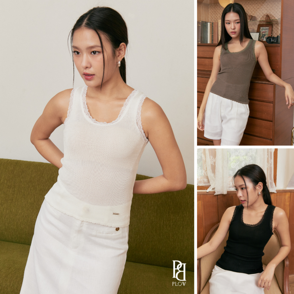 PLOWBRANDS - Lace whisper เสื้อกล้ามทรงคลาสสิค มีลูกไม้ตกแต่งรอบคอและวงแขน เพิ่มความหวาน