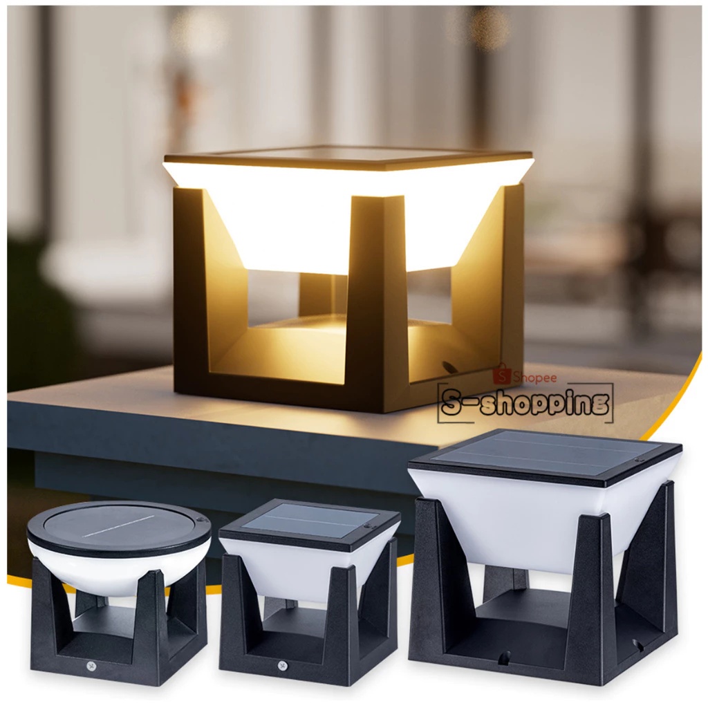 โคมไฟหัวเสา Y140 Solar light pillar lamp 20CM 3ระบบไฟ ไฟโซล่าเซลล์กลางแจ้ง กันฝนIP65 Outdoor garden