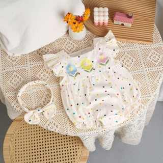 PN บอดี้สูทเด็ก ลายจุด ปักดอกไม้ + คาดผม 0-12เดือน