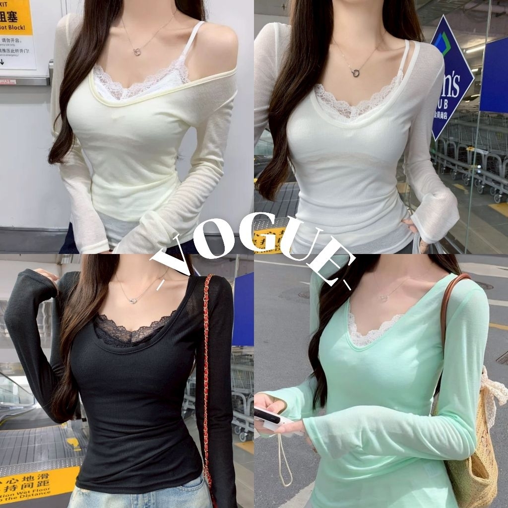 Vogue🌟พร้อมส่ง🌟 สายเดี่ยว/เสื้อแขนสัน คอวี ซีทรู สีพื้นยืดพอดี (FY5513/FY5515)