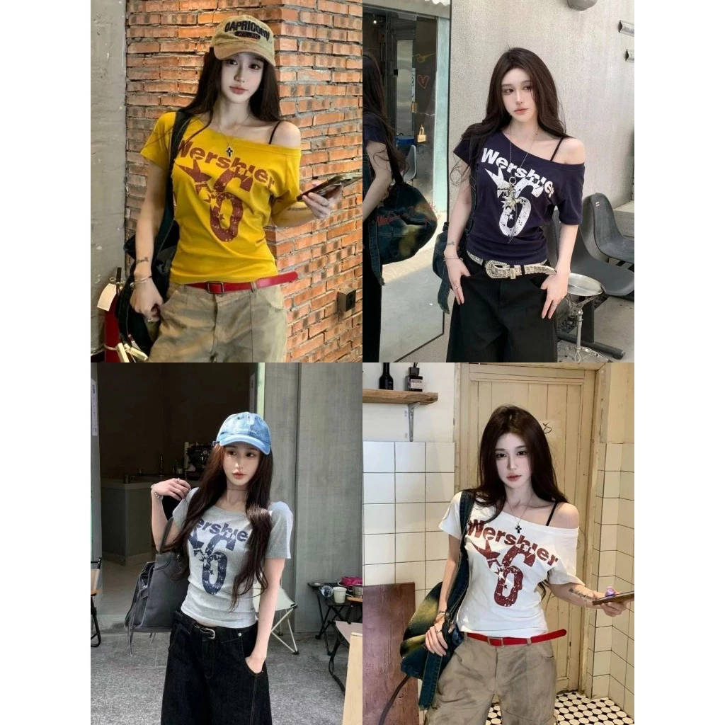 เสื้อยืดผู้หญิง เสื้อยืดปาดใหล่ สไตล์วินเทจ พิมพ์ลาย ปาดไหล่ ทรงหลวม #1502320