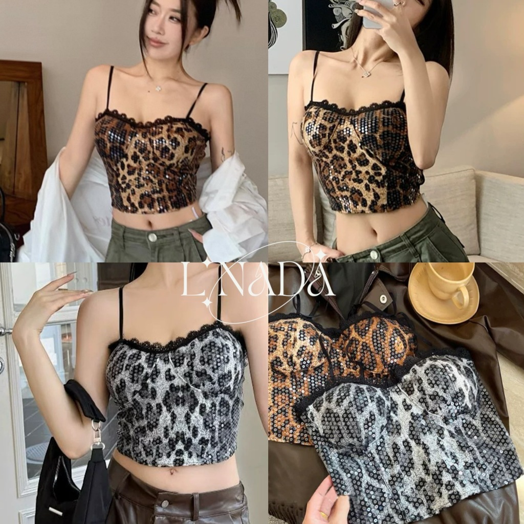 L'nada【พร้อมส่ง】เสื้อสายเดี่ยวลายเสือ ดีเทลปักเลื่อม มี2สี สินค้าขายดี