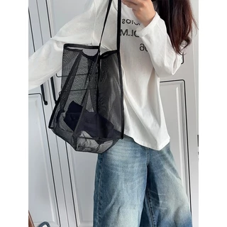 Fashion girl💯💯สีดำ กระเป๋าสะพายไหล่ตาข่าย กระเป๋าสะพายชายหาด สไตล์โปร่งใส ความจุขนาดใหญ่ พับได้ จัดเก็บง่าย