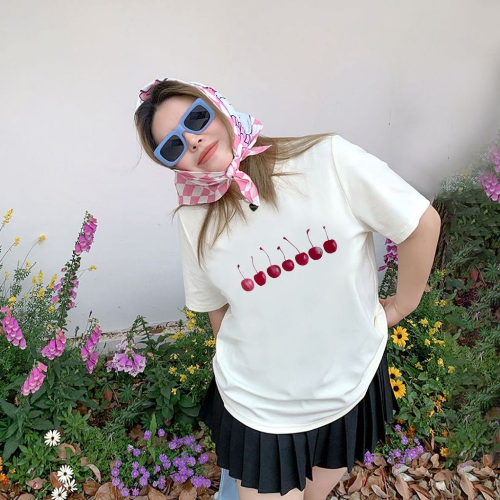 Teddy Tee🍒ชุดสาวอวบ ผ้าฝ้าย100% สวมใส่สบาย สาวอวบ เสื้อยืด oversize ยืดได้ ลาย "Cherry" แฟชั่น สไตล์ลำลอง