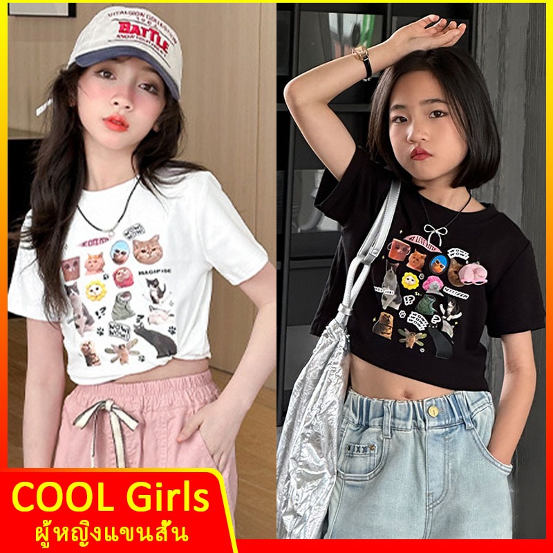 เสื้อยืดเด็ก ท็อปส์ซูเด็กผู้หญิง เสื้อเชิ้ตแขนสั้น คอกลม น่ารัก รูปแบบลูกแมว แรบบิทแบบถอดได้ ฤดูร้อน 7-14 ปี