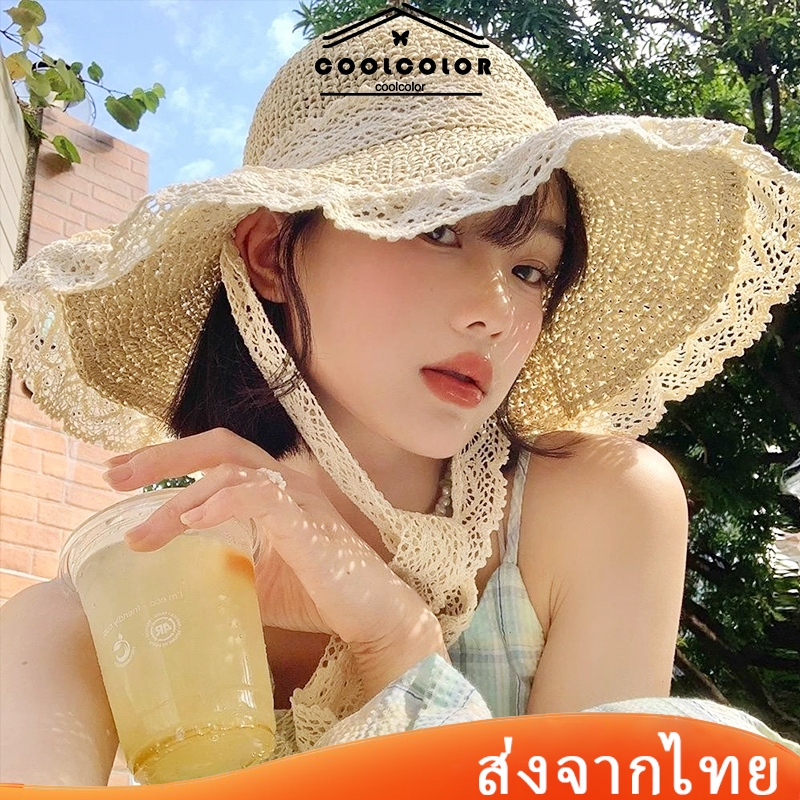 ในไทย💖หมวกฟางผู้หญิง หวานแฟชั่นฤดูร้อน ปีกใหญ่ ป้องกันแดด ระบายอากาศได้ดี เหมาะกับเดินชายหาด.COD