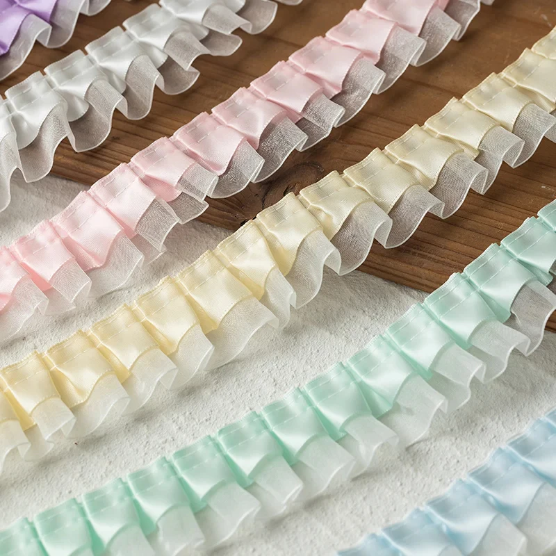 Macraft ลูกไม้ระบาย ผ้า 2 ชั้น ผ้าซาติน หลายสี เนื้อนุ่ม 4 CM ผ้าลูกไม้ตกแต่ง ชายระบาย