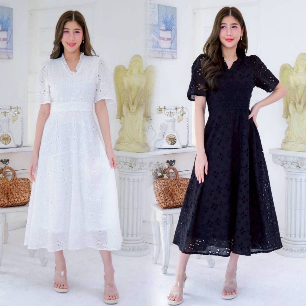 M-4XL Maxi Dress เดรสดำ,เดรสสีขาวผ้าคอตตอนฉลุลายแขนสั้น งานป้าย Love love