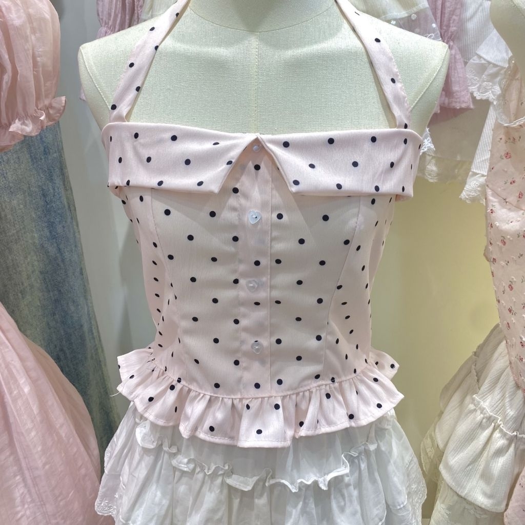 style.anda Polka dot เกาะอกลายจุด คล้องคอ สม็อคหลัง ykk