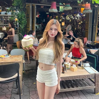 ส่งไวจากไทย ชุดว่ายน้ำแฟชั่น bikini ชุดบิกินี่ ทูพีช เกาะอก white มีฟองน้ำ beach#0801