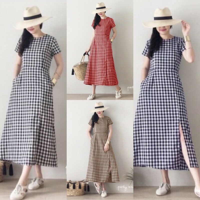 แม็กซี่เดรส ยาว งานผ้าทอลายสก็อตผ่าหน้า TT3997