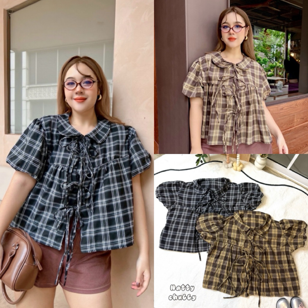 NC เสื้อแขนบอลลูนคอบัว ผูกโบว์หน้า ลายสก็อต น่ารัก เก๋ๆ ไซส์ใหญ่ สาวอวบ