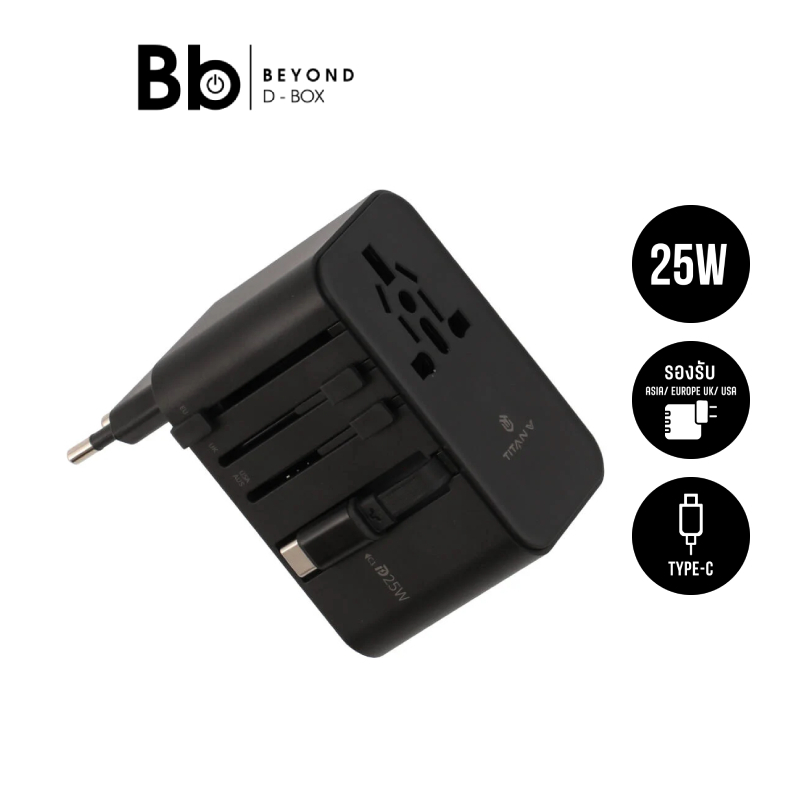 หัวแปลงปลั๊กไฟ TITANV Multifunction Universal Travel Adapter with Type-C Cable 25W Black PLGTTV001 b