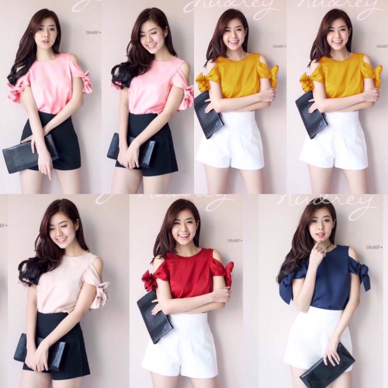 TT0646 Set 2ชิ้น เสื้อผูกโบว์ไหล่กางเกง