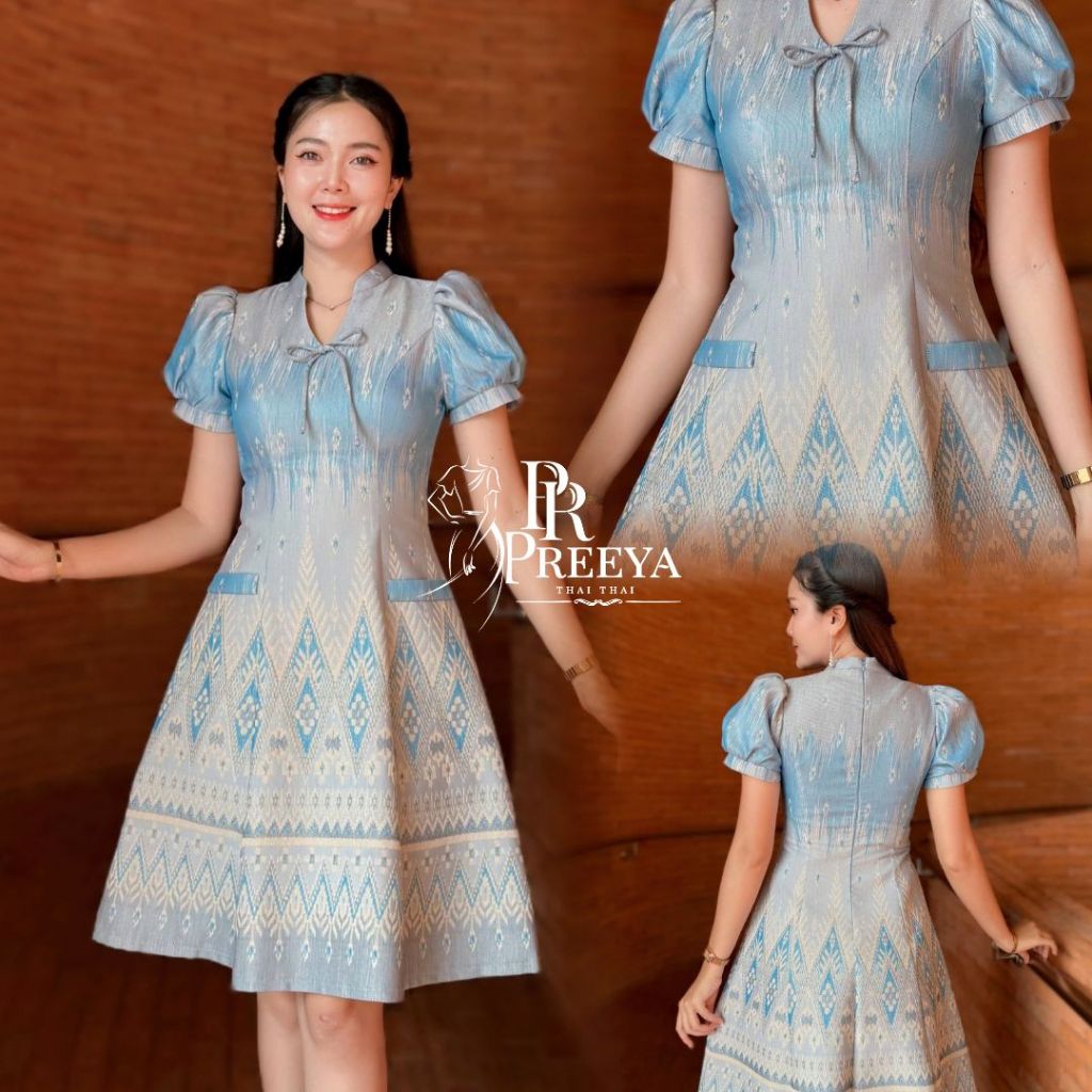 PR145 เดรสผ้าฝ้ายทอลาย อัดกาวทั้งชุด คัตติ้งเนี๊ยบ มีไซส์ S-2XL แบรนด์ preeya