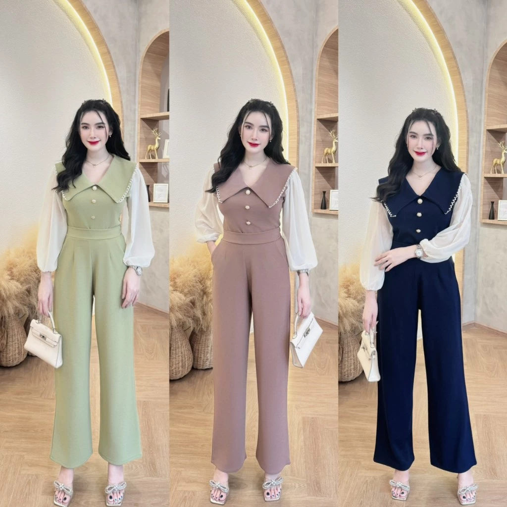 สินค้าพร้อมส่ง ชุดเซตยาวผ้าวูลเวฟ เสื้อแขนยาวผ้าซีฟองคอปกแต่งลูกไม้แต่งกระดุมมุก+กางเกงเอวเรียบสม็อคหลังมีกระเป๋า A6741