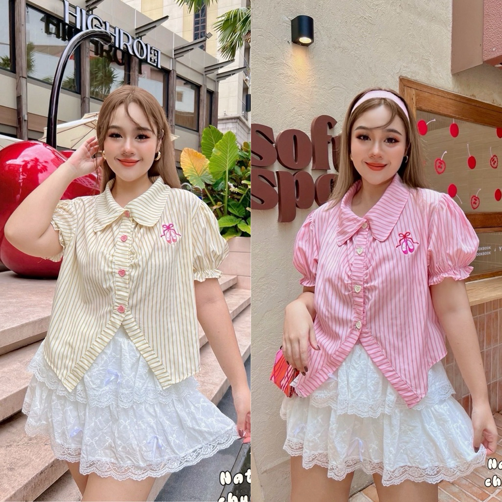 /JR/ เสื้อเชิ้ตแขนตุ๊กตา สาวอวบ ไซส์อก38-52 ผ้าลายริ้ว กระดุมหัวใจ น่ารักมาก #เสื้อไซส์ใหญ่ พลัสไซส์