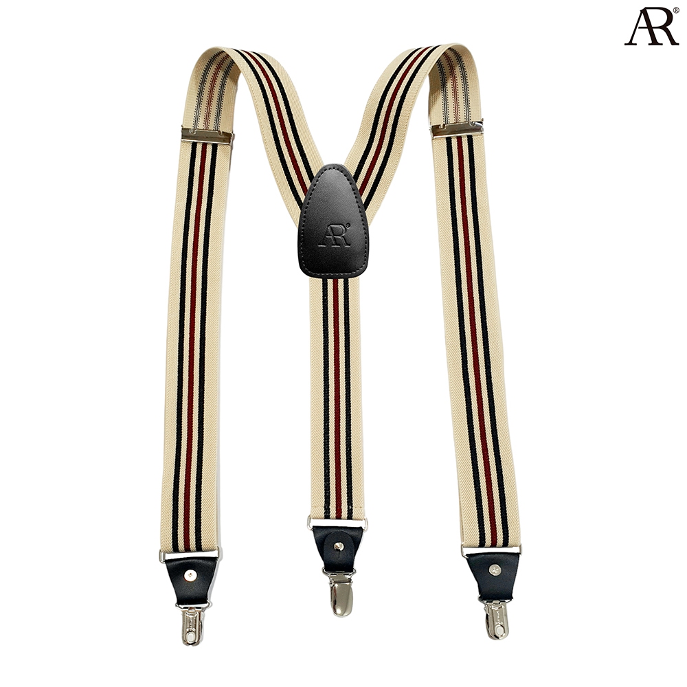 ANGELINO RUFOLO Suspenders(สายเอี๊ยม) 3.5CM. รูปทรงYแบบปรับความยาวได้ คุณภาพเยี่ยม ดีไซน์ Triple Line สีกากี-ดำ-เลือดหมู